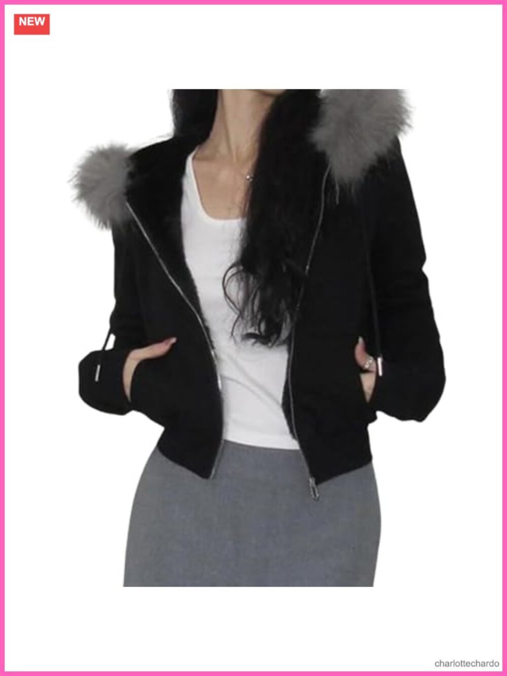 Faux Fur Trim Hoodie Zip Up Cropped Y2K Sweatshirt